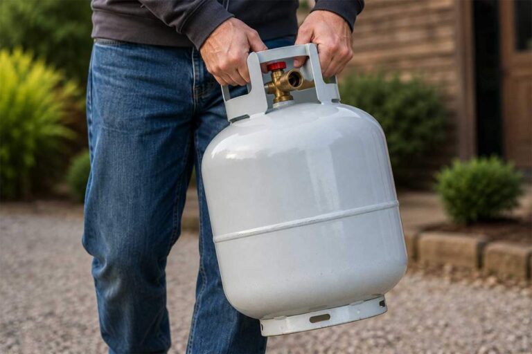 A homeowner inspects a portable propane cylinder for rust, valve damage, and date markings before transport.